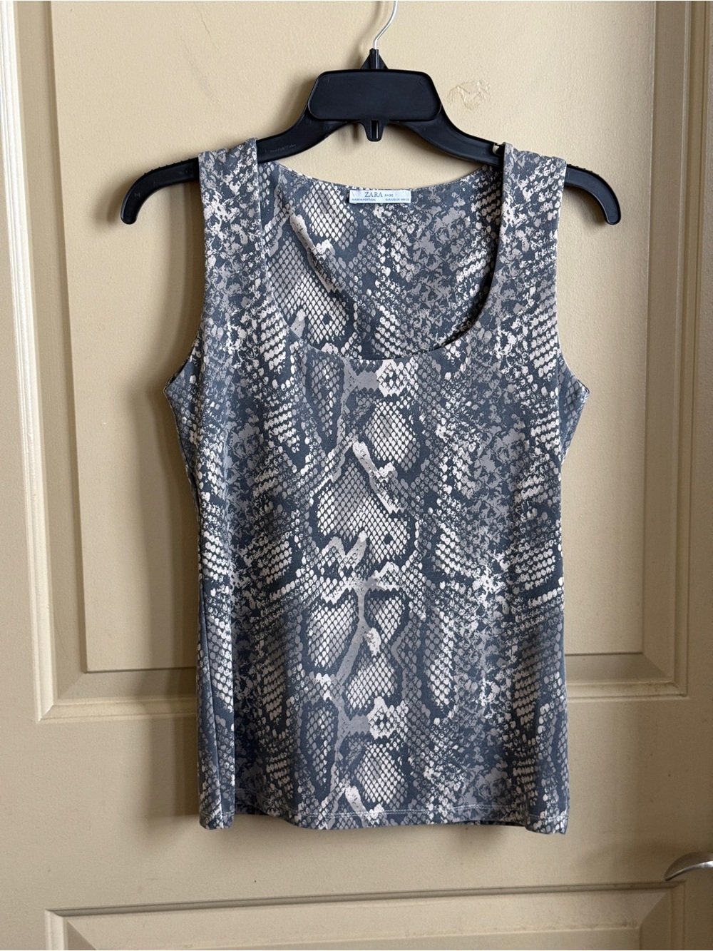 Zara Snake-Print Scoop Tank in Gray and Cream